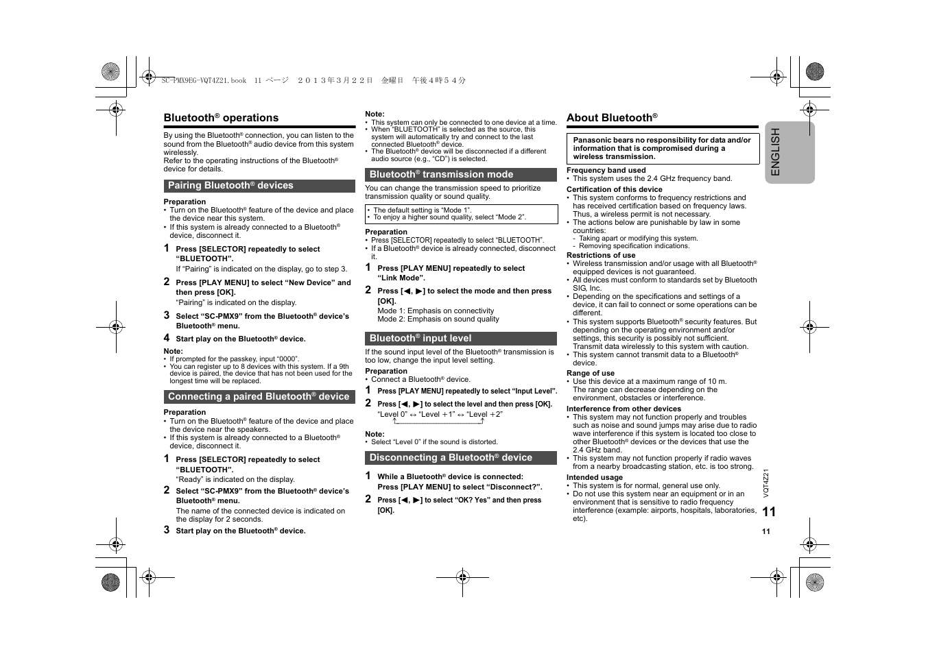 English, Bluetooth, Operations | About bluetooth | Panasonic SCPMX9EG User Manual | Page 11 / 76