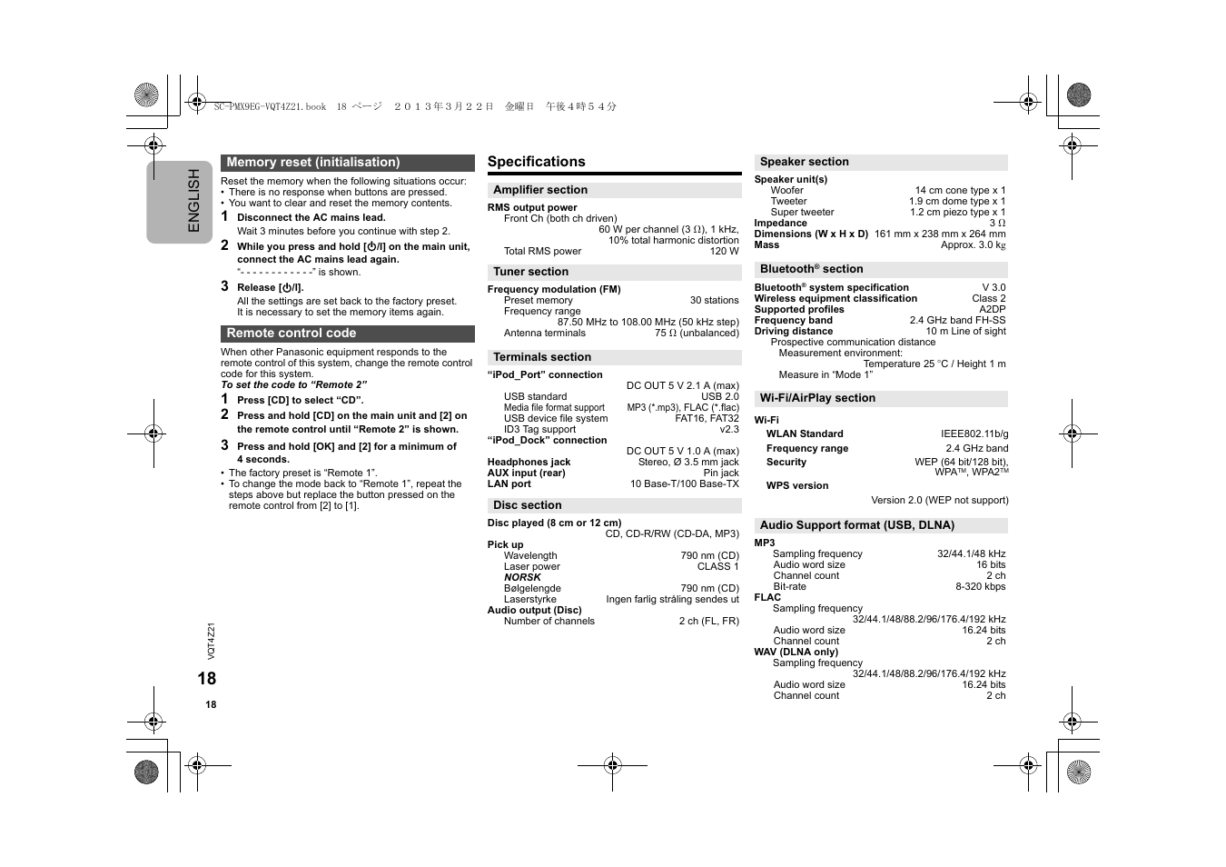 Engl ish, Specifications | Panasonic SCPMX9EG User Manual | Page 18 / 76