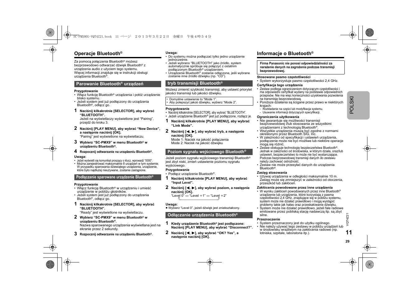 Pols ki, Operacje bluetooth, Informacje o bluetooth | Panasonic SCPMX9EG User Manual | Page 29 / 76