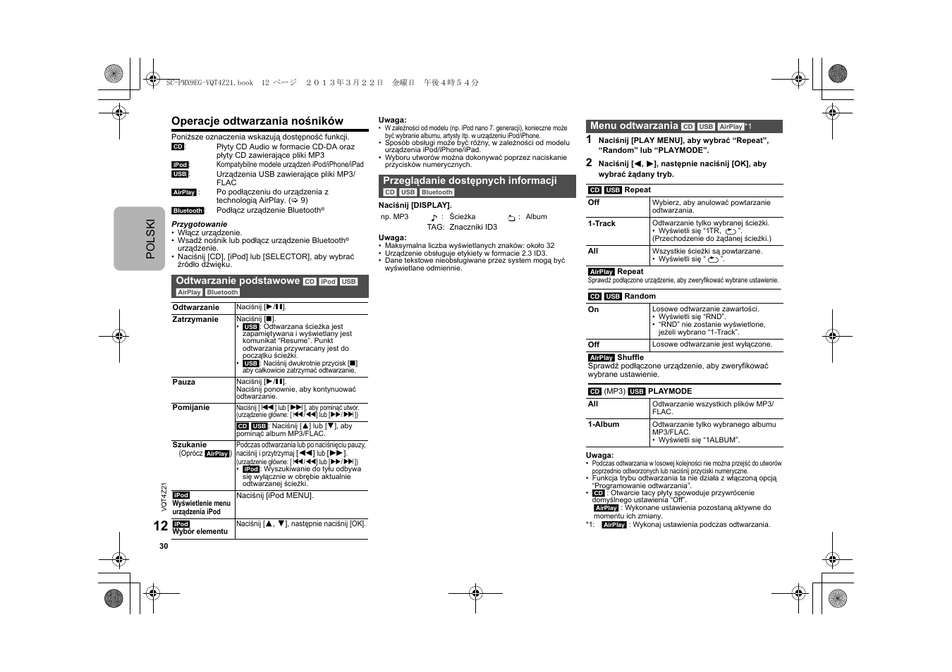Polski operacje odtwarzania nośników | Panasonic SCPMX9EG User Manual | Page 30 / 76