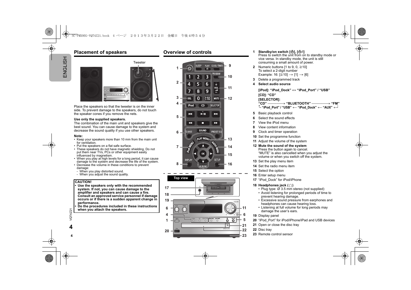 Engl ish placement of speakers, Overview of controls | Panasonic SCPMX9EG User Manual | Page 4 / 76