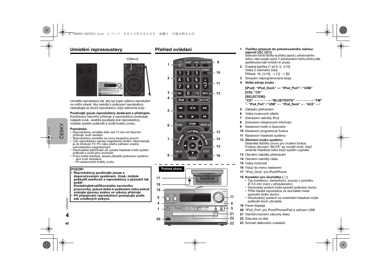Česky, Umístění reprosoustavy, Přehled ovládání | Panasonic SCPMX9EG User Manual | Page 40 / 76