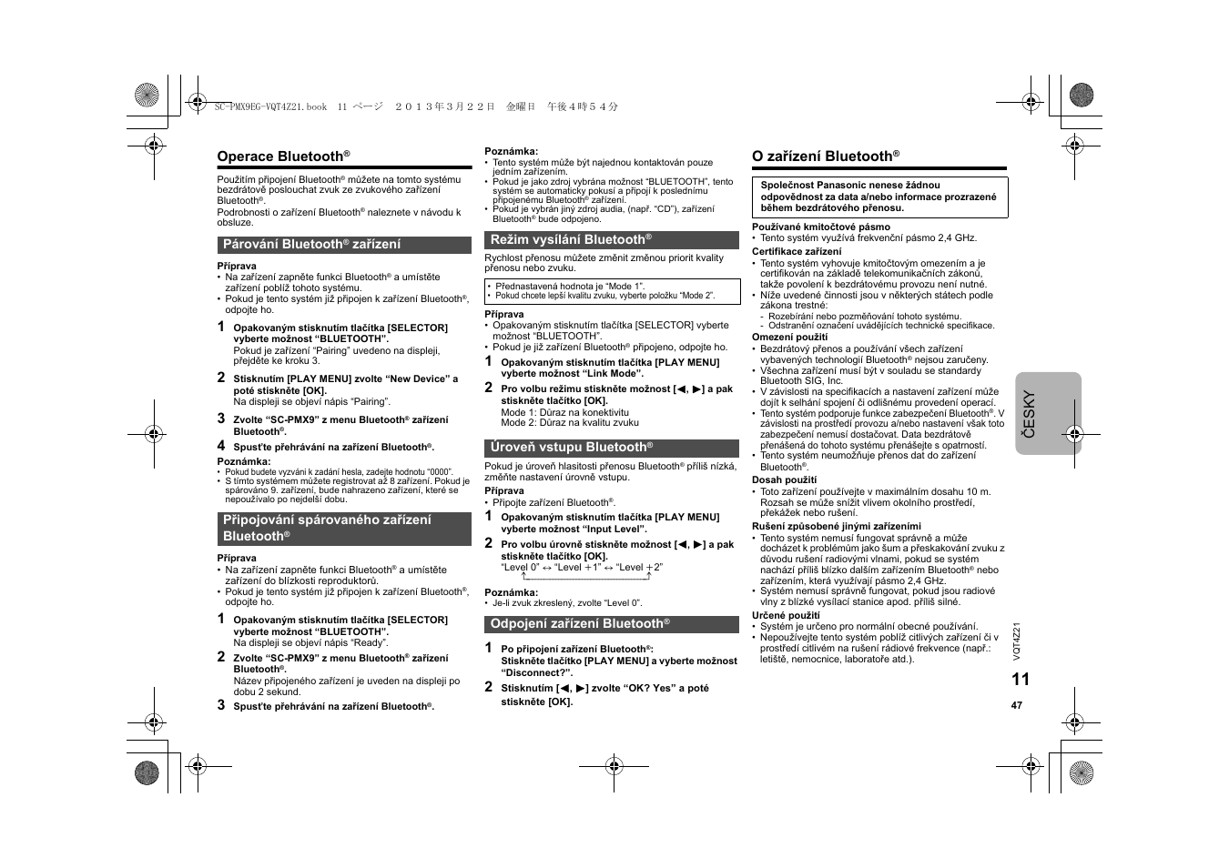 Česk y, O zařízení bluetooth | Panasonic SCPMX9EG User Manual | Page 47 / 76