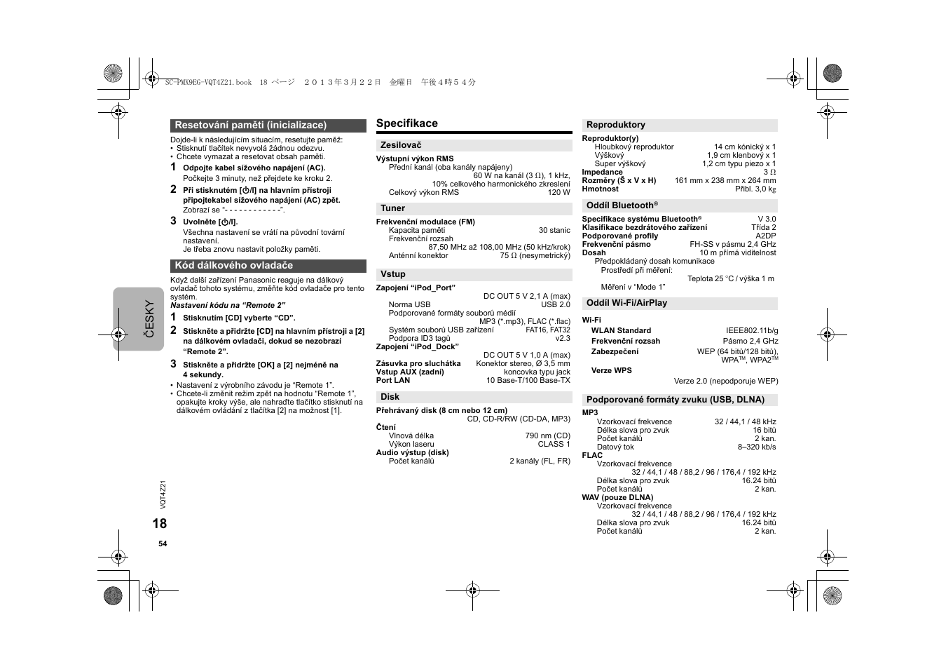 Česky, Specifikace | Panasonic SCPMX9EG User Manual | Page 54 / 76