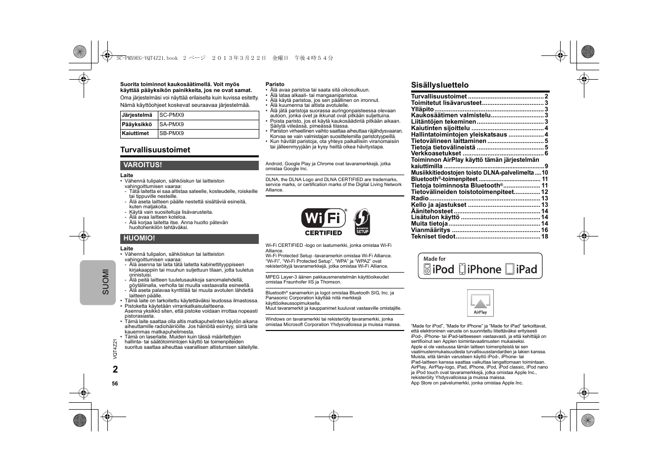 Suomi, Turvallisuustoimet, Sisällysluettelo | Panasonic SCPMX9EG User Manual | Page 56 / 76