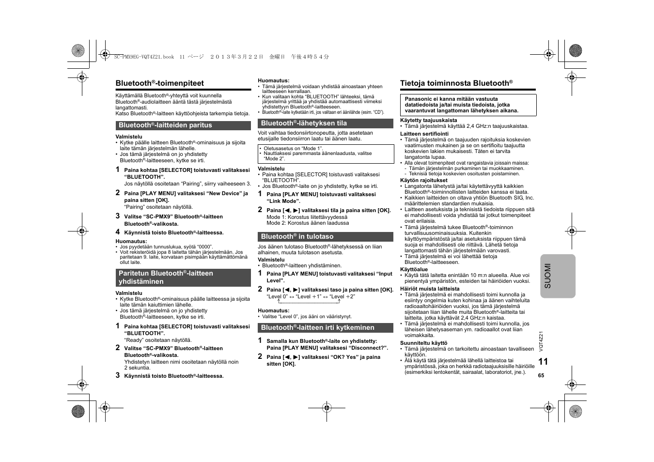 Suomi, Bluetooth, Toimenpiteet | Tietoja toiminnosta bluetooth | Panasonic SCPMX9EG User Manual | Page 65 / 76
