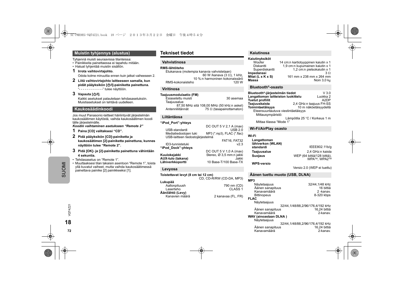Suomi, Tekniset tiedot | Panasonic SCPMX9EG User Manual | Page 72 / 76