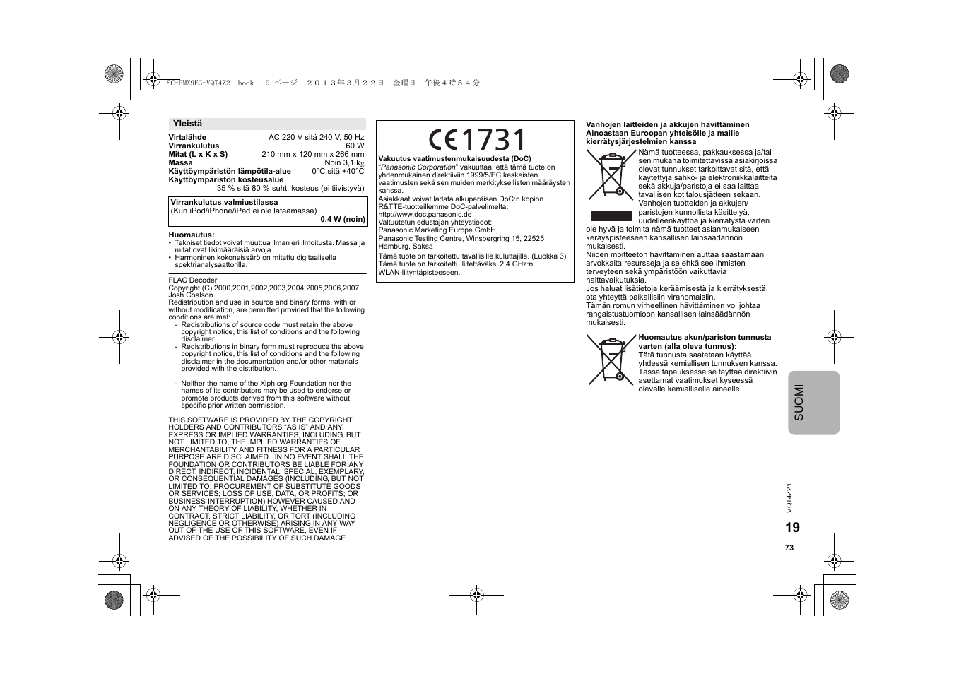 Suomi | Panasonic SCPMX9EG User Manual | Page 73 / 76