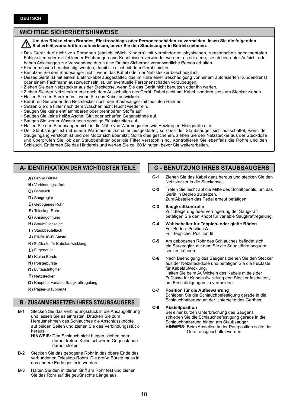 10 c - benutzung ihres staubsaugers, A- identifikation der wichtigsten teile, B - zusammensetzen ihres staubsaugers | Wichtige sicherheitshinweise | Panasonic MCCG683ZC79 User Manual | Page 10 / 48