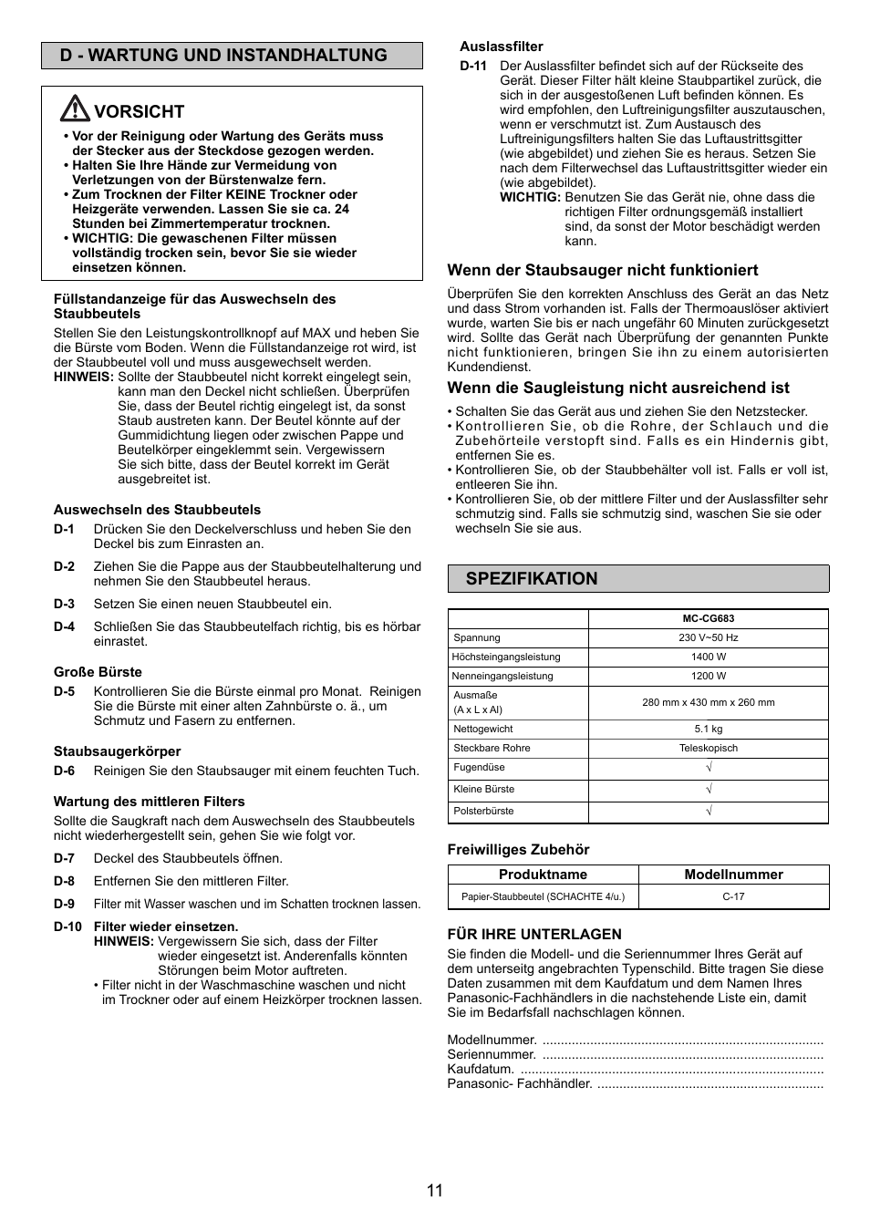 11 d - wartung und instandhaltung, Vorsicht, Spezifikation | Panasonic MCCG683ZC79 User Manual | Page 11 / 48