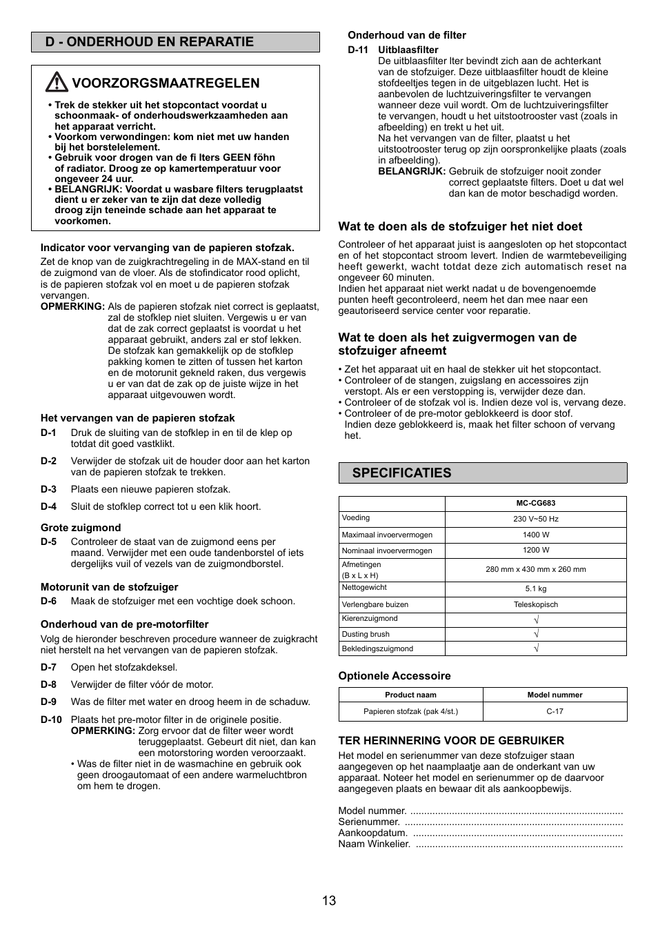 13 d - onderhoud en reparatie voorzorgsmaatregelen, Specificaties | Panasonic MCCG683ZC79 User Manual | Page 13 / 48