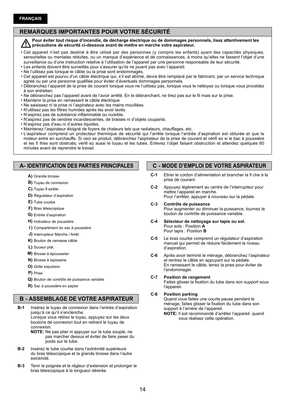 Remarques importantes pour votre sécurité, C - mode d’emploi de votre aspirateur, A- identification des parties principales | B - assemblage de votre aspirateur | Panasonic MCCG683ZC79 User Manual | Page 14 / 48