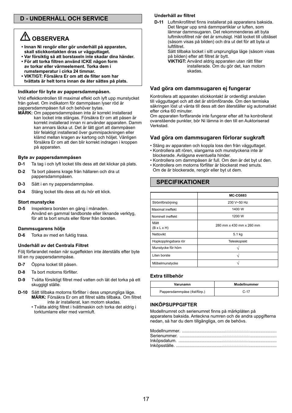 17 d - underhåll och service observera, Specifikationer | Panasonic MCCG683ZC79 User Manual | Page 17 / 48