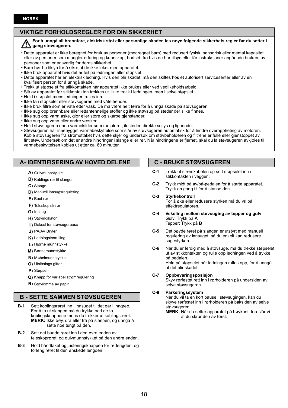 Viktige forholdsregler for din sikkerhet, C - bruke støvsugeren, A- identifisering av hoved delene | B - sette sammen støvsugeren | Panasonic MCCG683ZC79 User Manual | Page 18 / 48