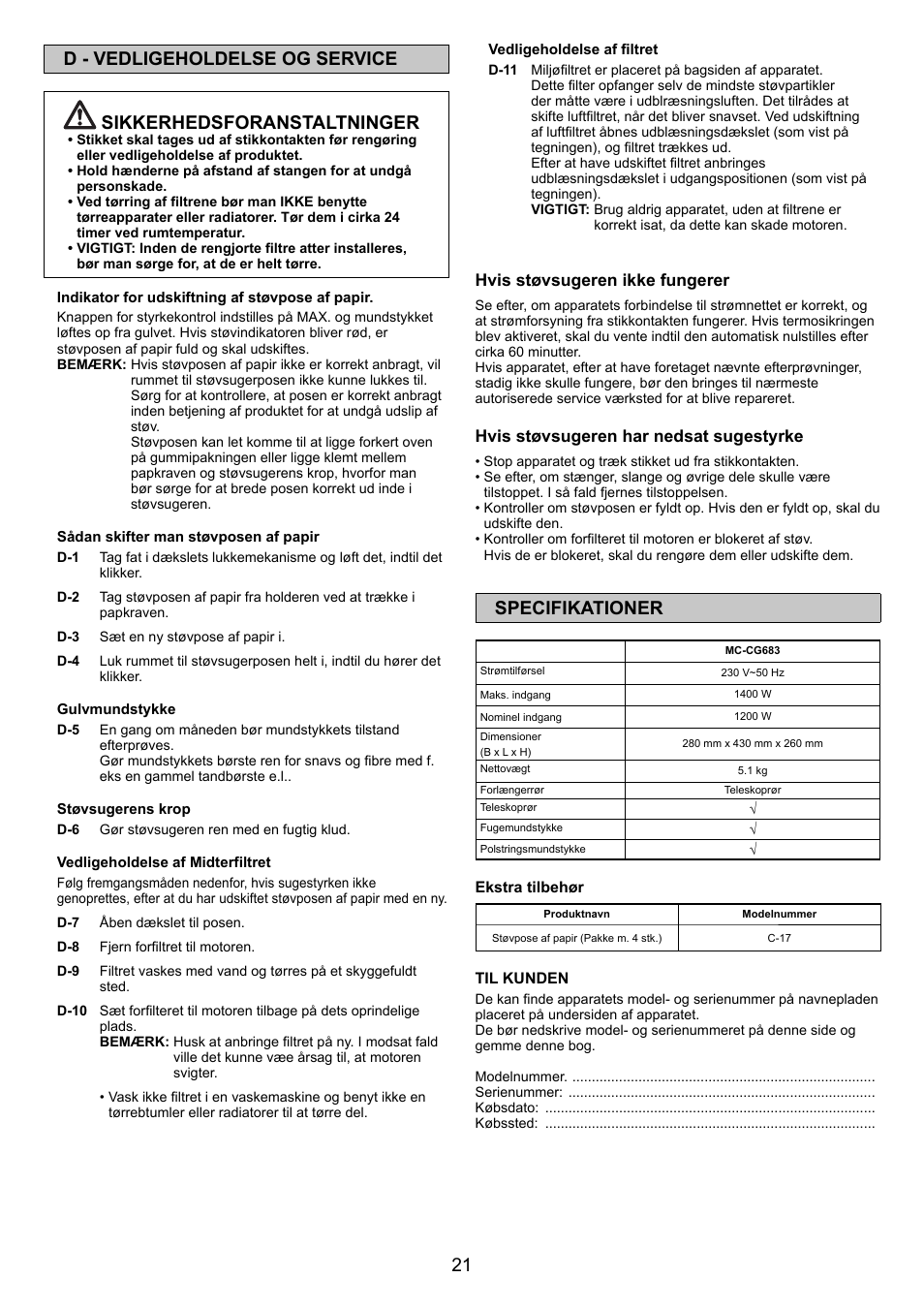 Specifikationer | Panasonic MCCG683ZC79 User Manual | Page 21 / 48