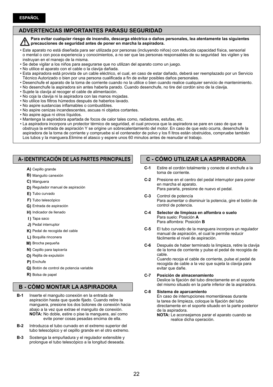 Advertencias importantes parasu seguridad, C - cómo utilizar la aspiradora, A- identificación de las partes principales | B - cómo montar la aspiradora | Panasonic MCCG683ZC79 User Manual | Page 22 / 48