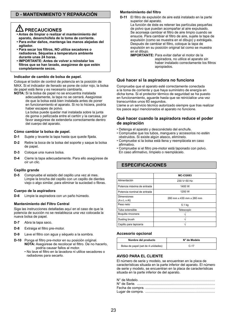 23 d - mantenimiento y reparación precauciones, Especificaciones | Panasonic MCCG683ZC79 User Manual | Page 23 / 48