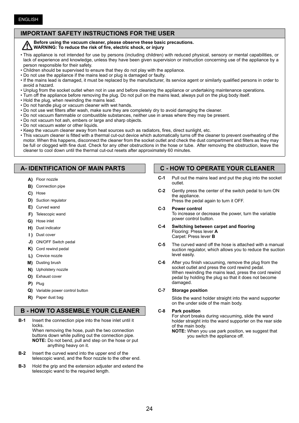 Important safety instructions for the user, C - how to operate your cleaner, A- identification of main parts | B - how to assemble your cleaner | Panasonic MCCG683ZC79 User Manual | Page 24 / 48