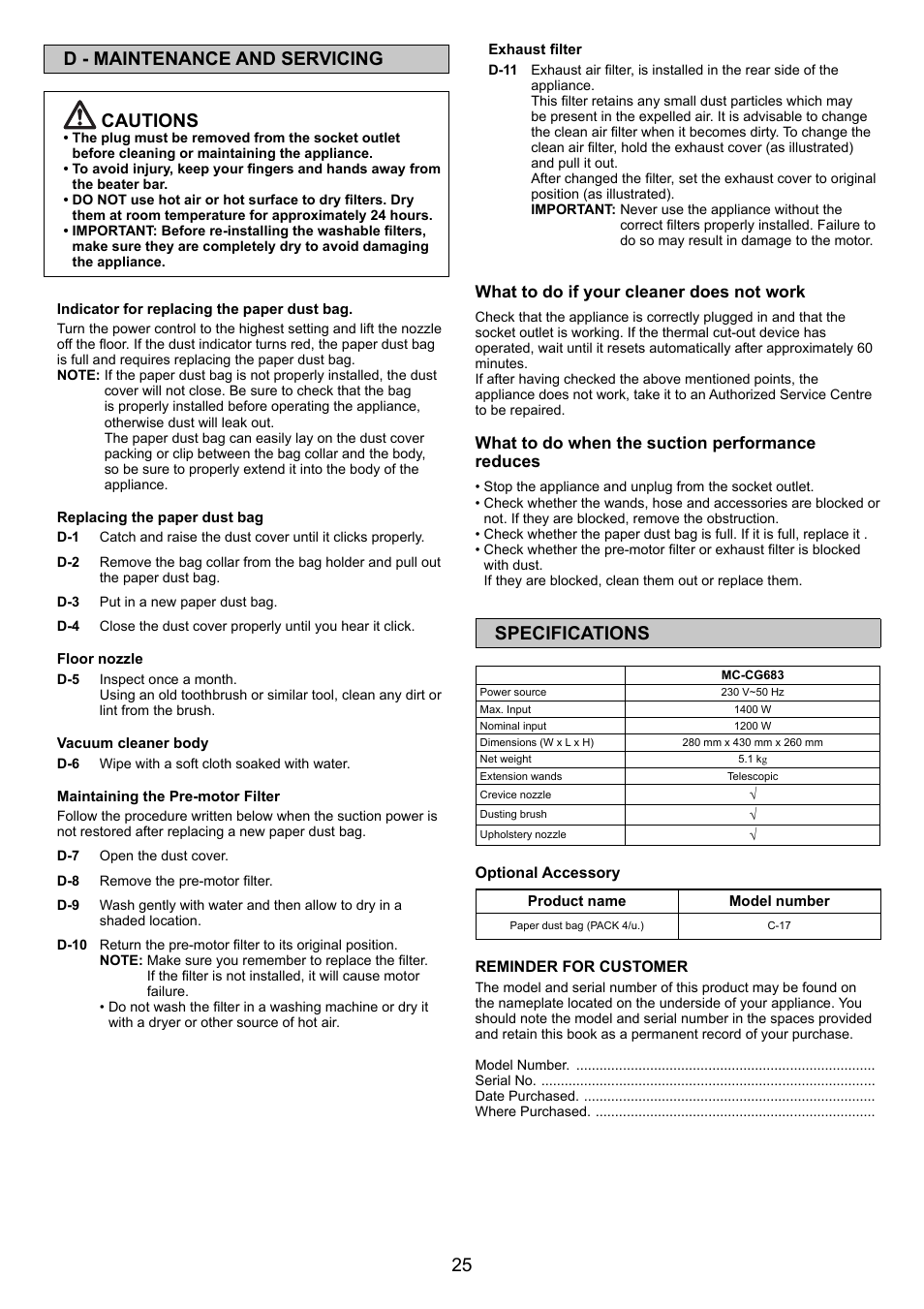25 d - maintenance and servicing cautions, Specifications | Panasonic MCCG683ZC79 User Manual | Page 25 / 48