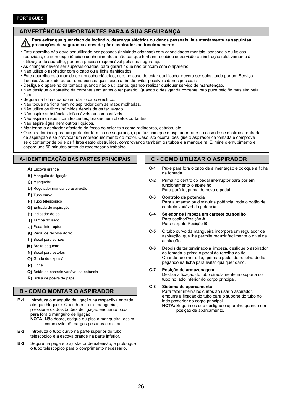 Advertências importantes para a sua segurança, C - como utilizar o aspirador, A- identificação das partes principais | B - como montar o aspirador | Panasonic MCCG683ZC79 User Manual | Page 26 / 48