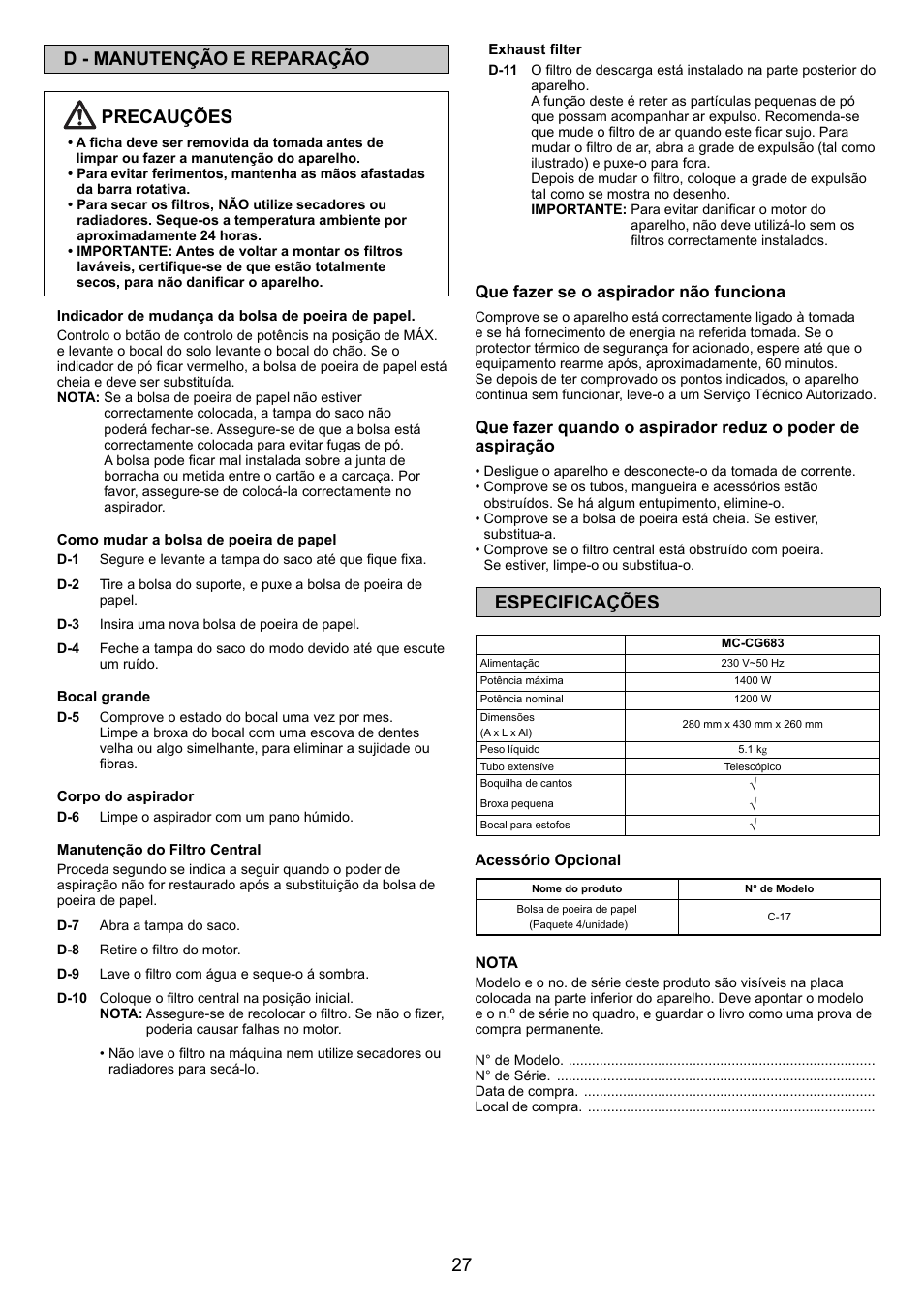 27 d - manutenção e reparação precauções, Especificações | Panasonic MCCG683ZC79 User Manual | Page 27 / 48