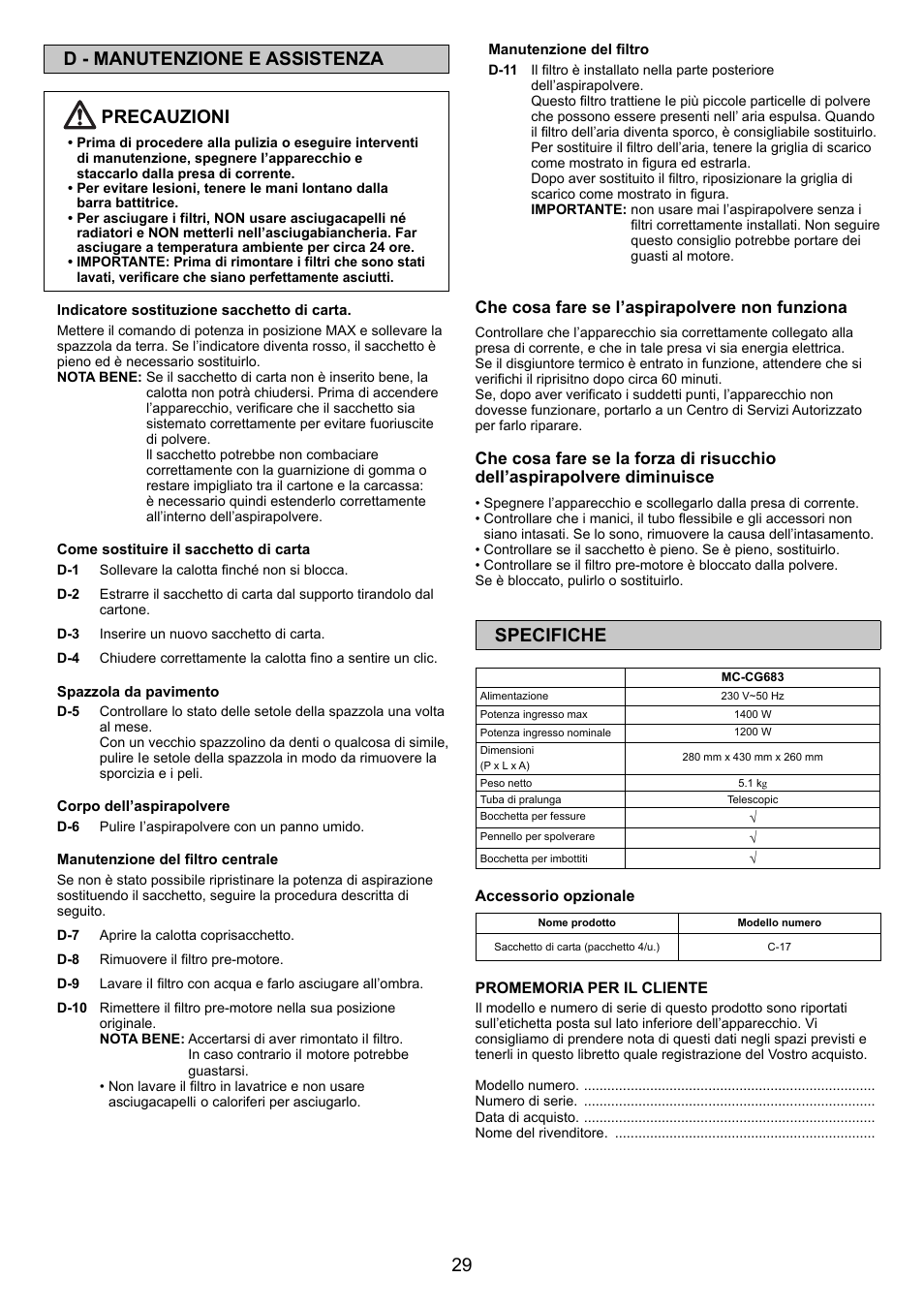 29 d - manutenzione e assistenza precauzioni, Specifiche | Panasonic MCCG683ZC79 User Manual | Page 29 / 48