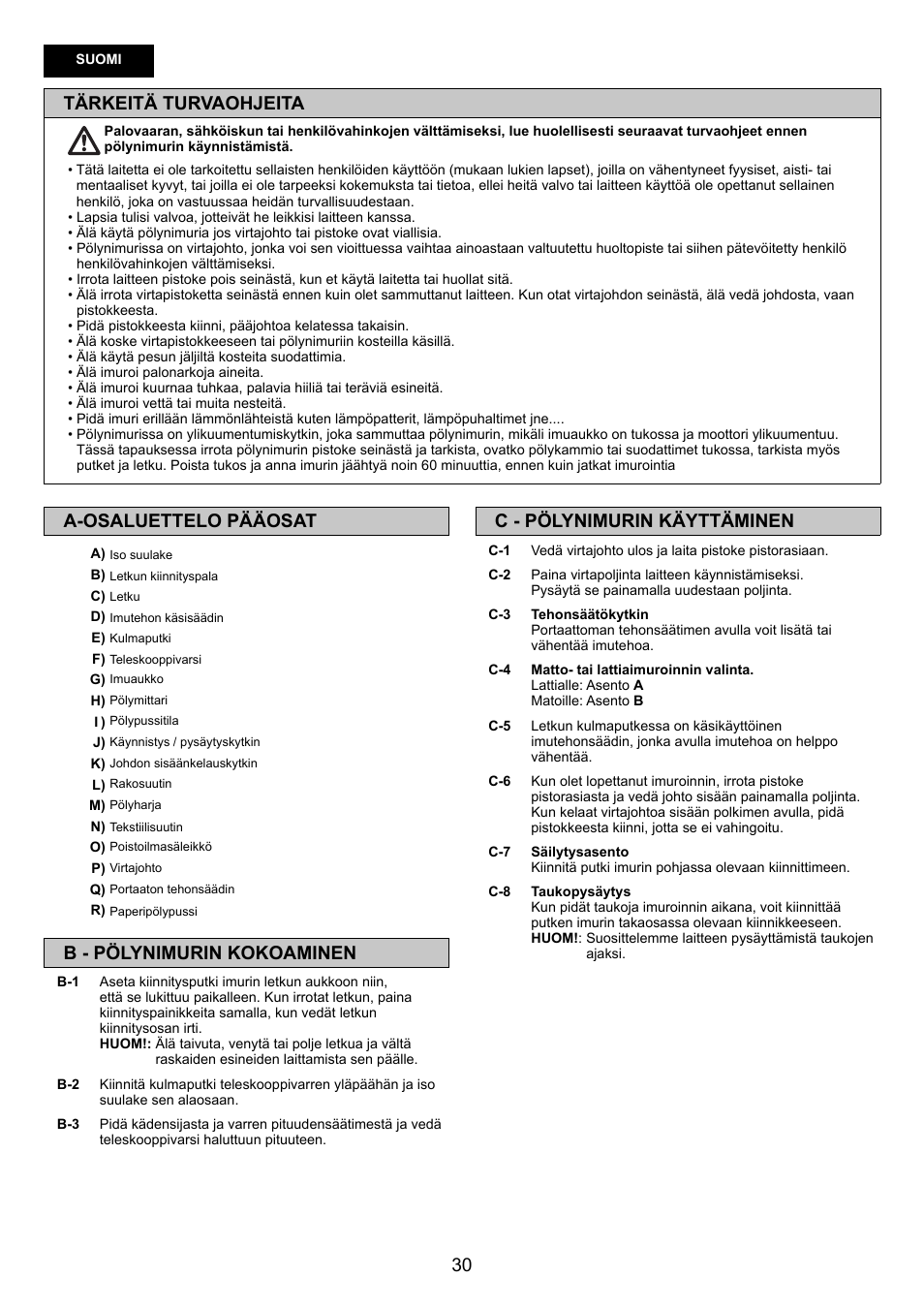 Tärkeitä turvaohjeita, C - pölynimurin käyttäminen, A-osaluettelo pääosat | B - pölynimurin kokoaminen | Panasonic MCCG683ZC79 User Manual | Page 30 / 48