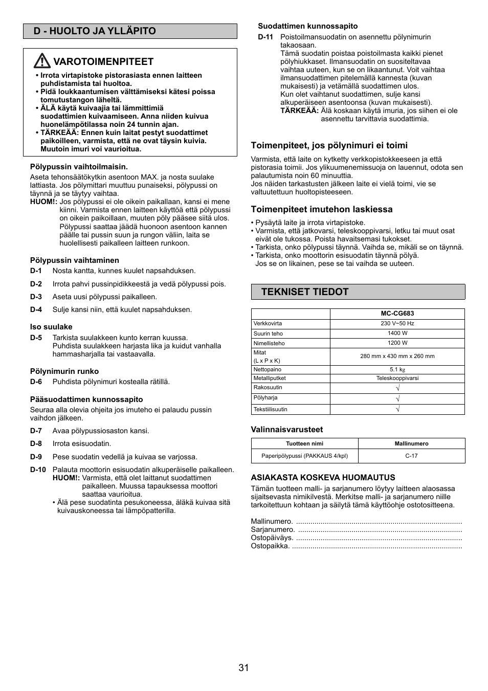 31 d - huolto ja ylläpito varotoimenpiteet, Tekniset tiedot | Panasonic MCCG683ZC79 User Manual | Page 31 / 48