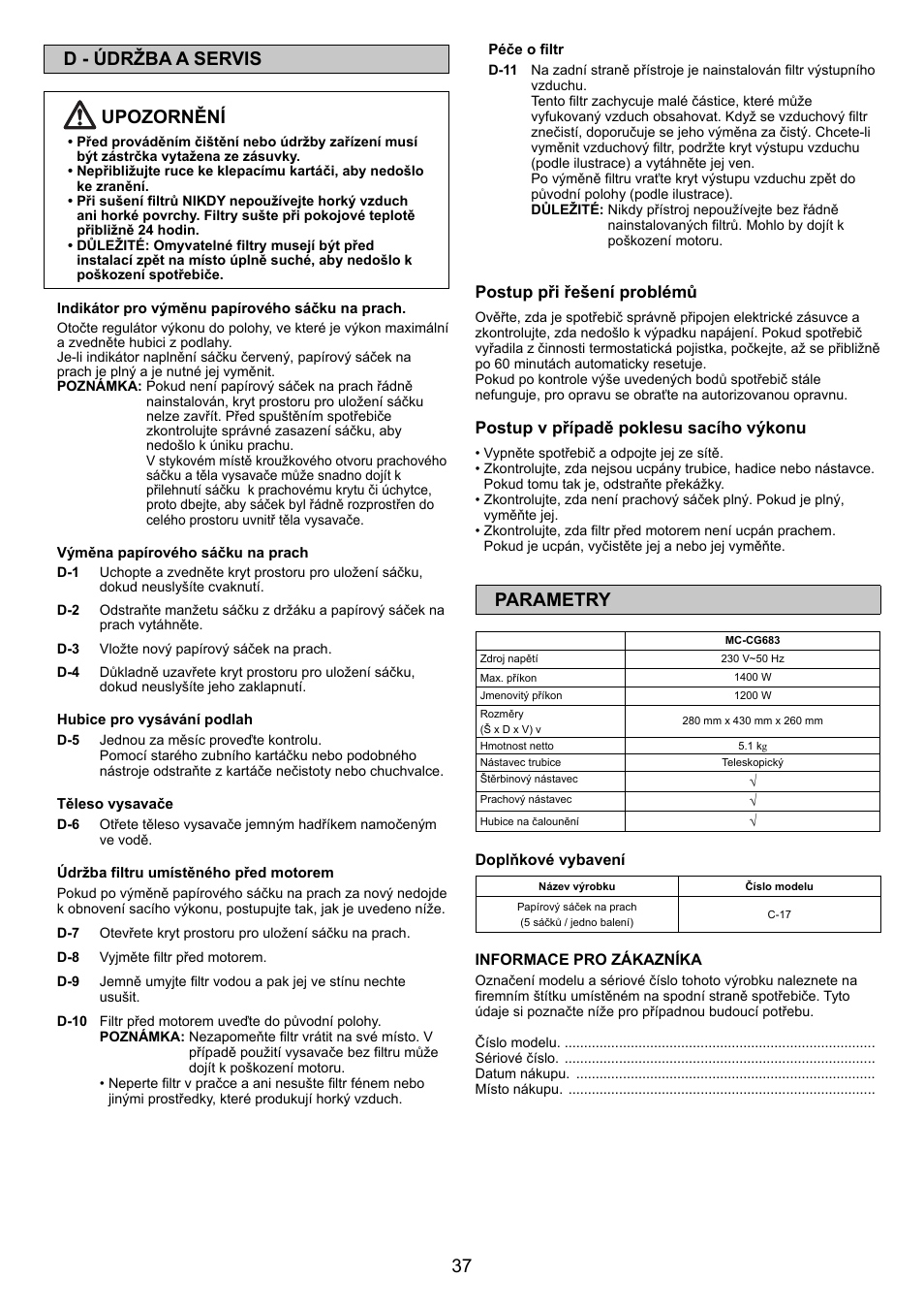 37 d - údržba a servis upozornění, Parametry | Panasonic MCCG683ZC79 User Manual | Page 37 / 48