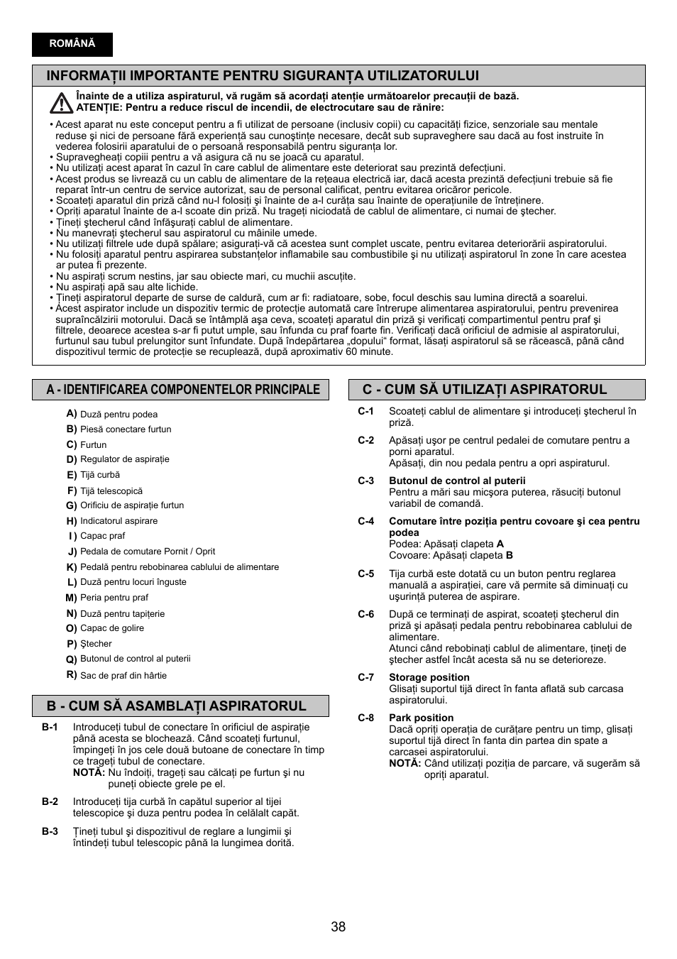 C - cum să utilizaţi aspiratorul, A - identificarea componentelor principale, B - cum să asamblaţi aspiratorul | Panasonic MCCG683ZC79 User Manual | Page 38 / 48