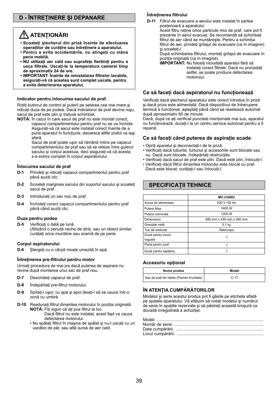 39 d - întreţinere şi depanare atenţionări, Specificaţii tehnice | Panasonic MCCG683ZC79 User Manual | Page 39 / 48