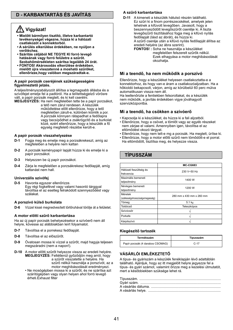41 d - karbantartás és javítás vigyázat, Típusszám | Panasonic MCCG683ZC79 User Manual | Page 41 / 48