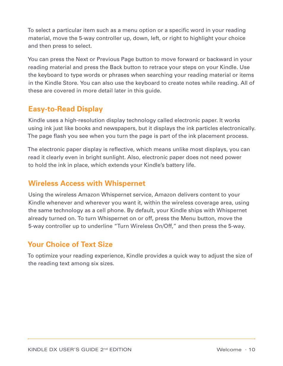 Easy-to-read display, Wireless access with whispernet, Your choice of text size | Amazon Technologies Kindle DX D00611 User Manual | Page 10 / 147