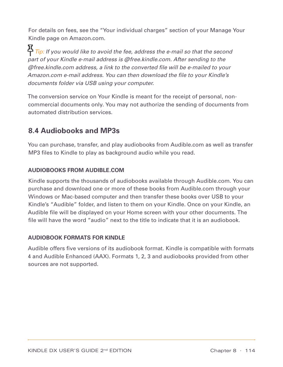 4 audiobooks and mp3s | Amazon Technologies Kindle DX D00611 User Manual | Page 114 / 147