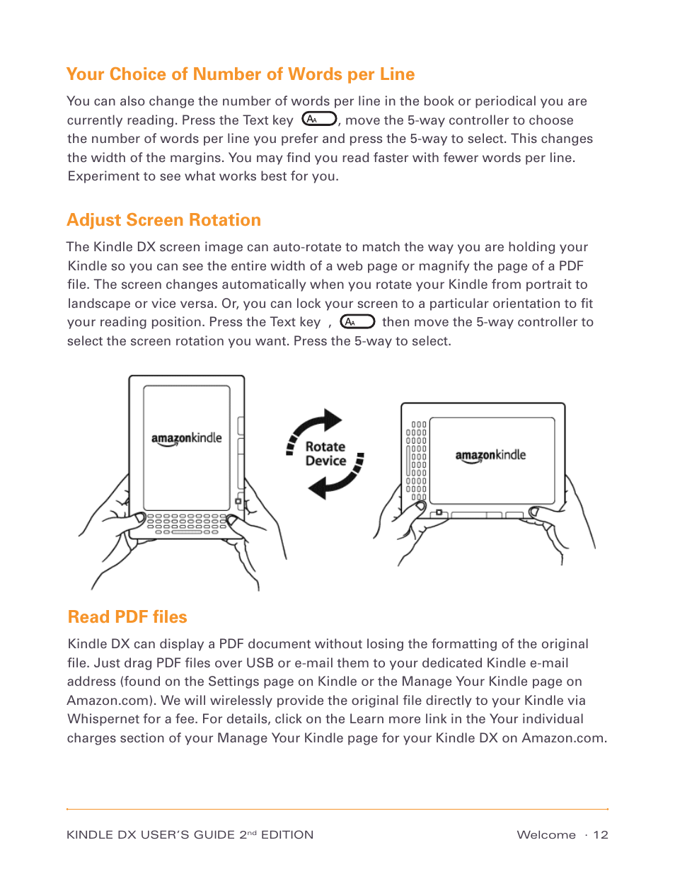 Your choice of number of words per line, Adjust screen rotation, Read pdf files | Amazon Technologies Kindle DX D00611 User Manual | Page 12 / 147