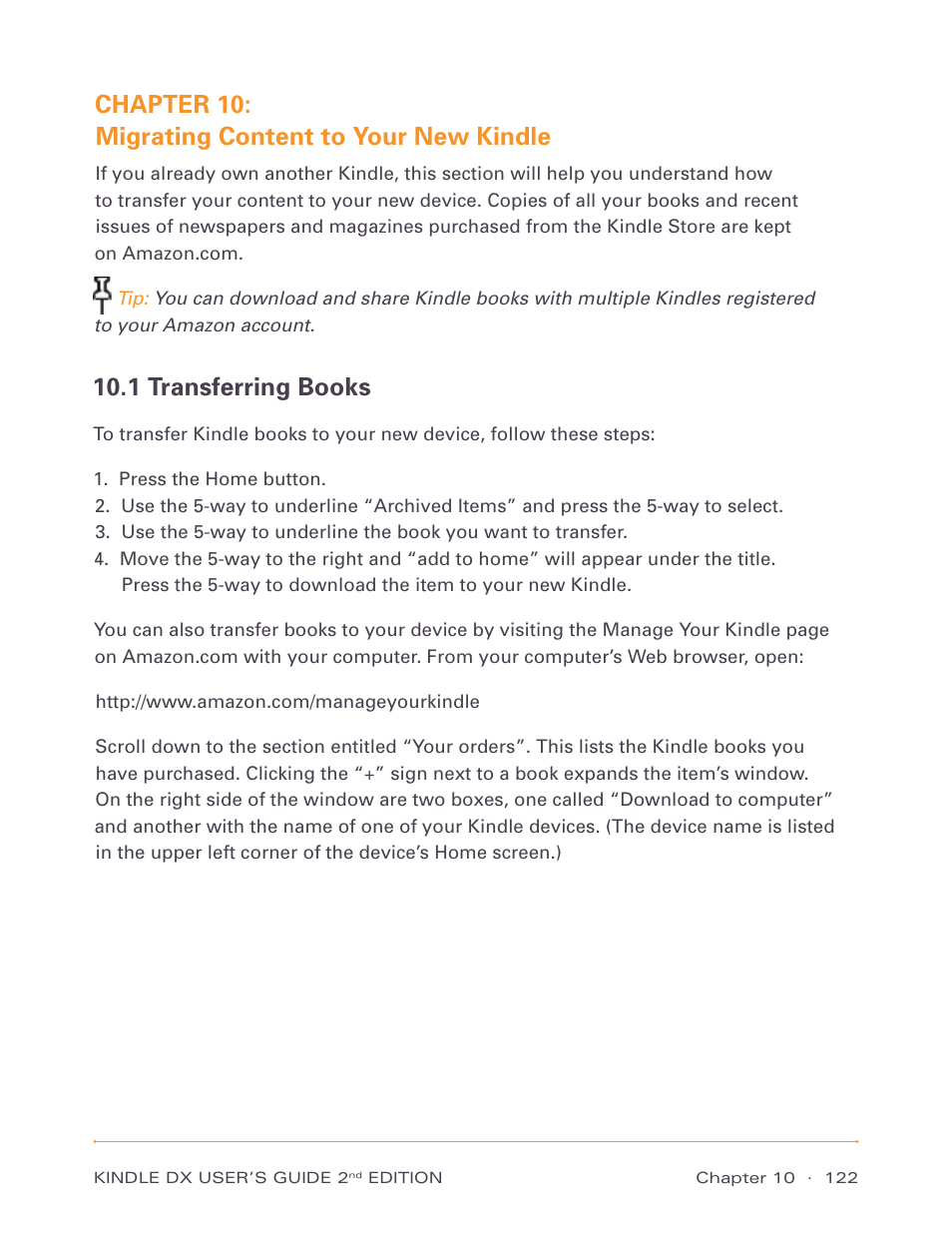 Chapter 10: migrating content to your new kindle, 1 transferring books | Amazon Technologies Kindle DX D00611 User Manual | Page 122 / 147