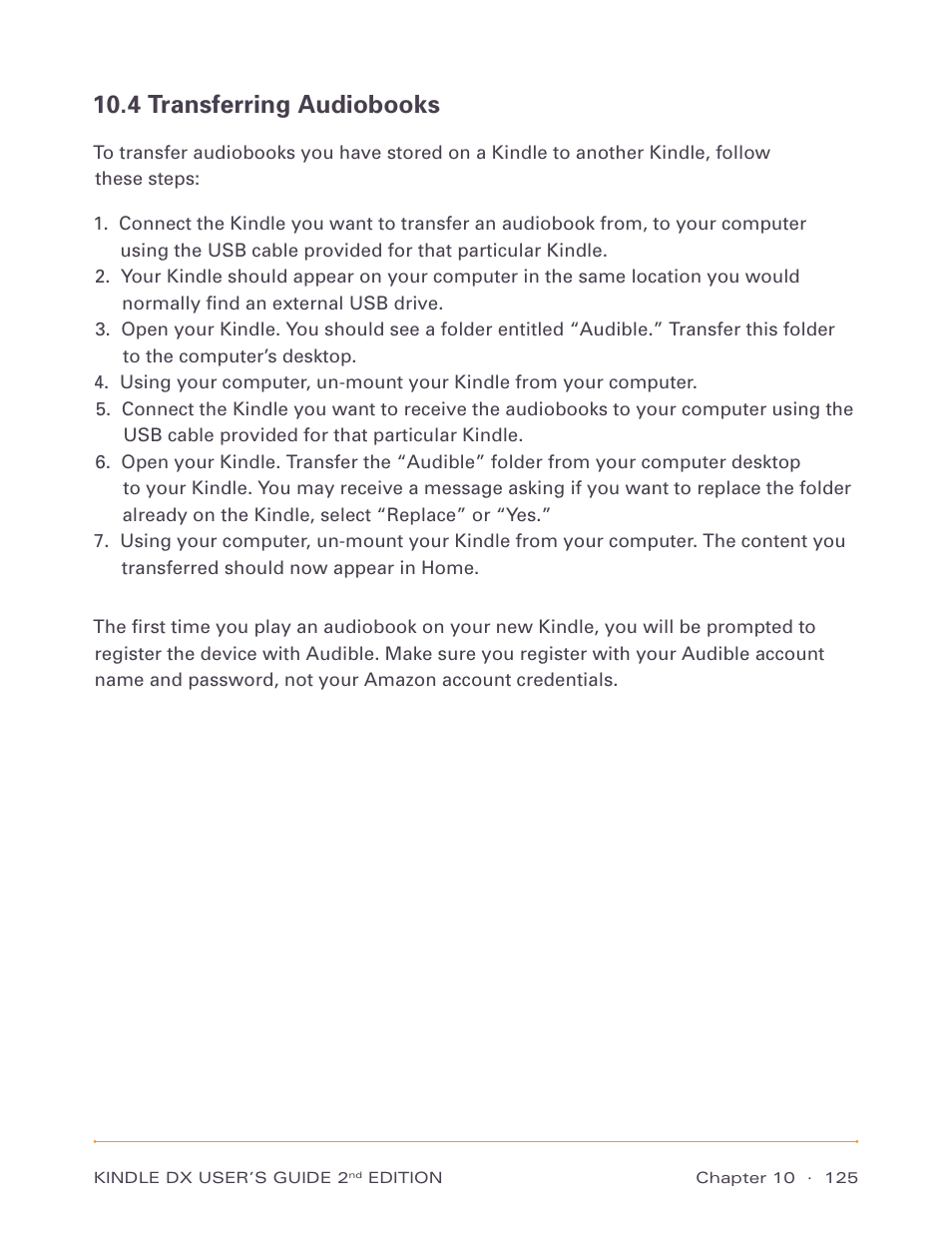 4 transferring audiobooks | Amazon Technologies Kindle DX D00611 User Manual | Page 125 / 147