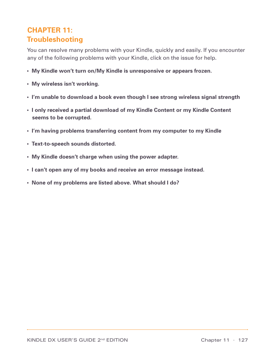 Chapter 11: troubleshooting | Amazon Technologies Kindle DX D00611 User Manual | Page 127 / 147