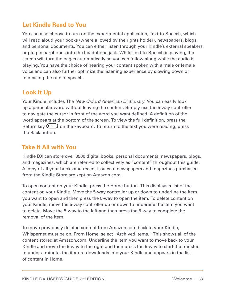 Let kindle read to you, Look it up, Take it all with you | Amazon Technologies Kindle DX D00611 User Manual | Page 13 / 147