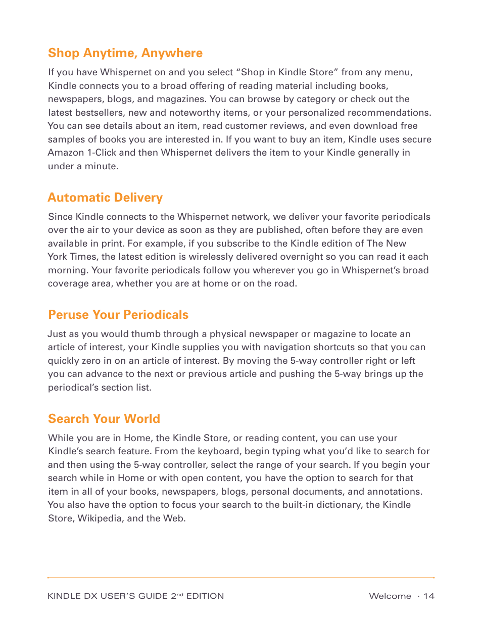 Shop anytime, anywhere, Automatic delivery, Peruse your periodicals | Search your world | Amazon Technologies Kindle DX D00611 User Manual | Page 14 / 147