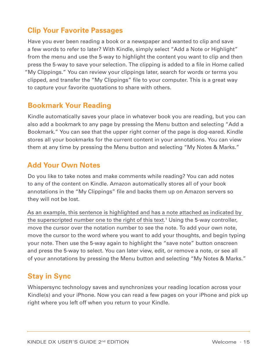 Clip your favorite passages, Bookmark your reading, Stay in sync | Amazon Technologies Kindle DX D00611 User Manual | Page 15 / 147