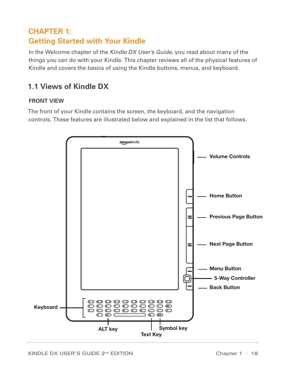 Chapter 1: getting started with your kindle, 1 views of kindle dx | Amazon Technologies Kindle DX D00611 User Manual | Page 18 / 147