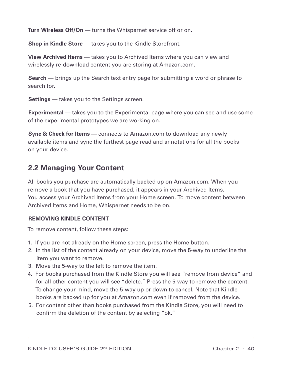 2 managing your content | Amazon Technologies Kindle DX D00611 User Manual | Page 40 / 147