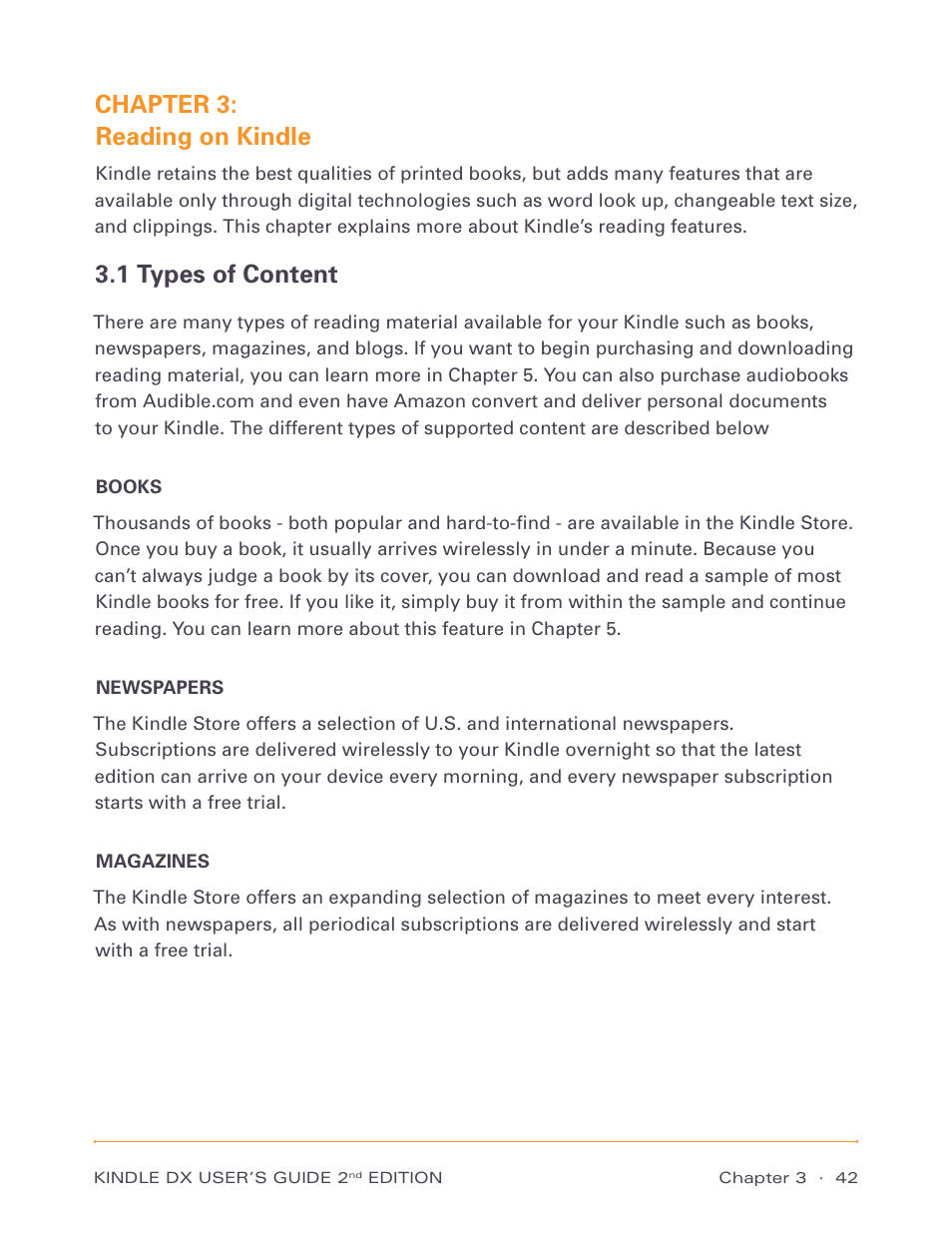 Chapter 3: reading on kindle, 1 types of content | Amazon Technologies Kindle DX D00611 User Manual | Page 42 / 147