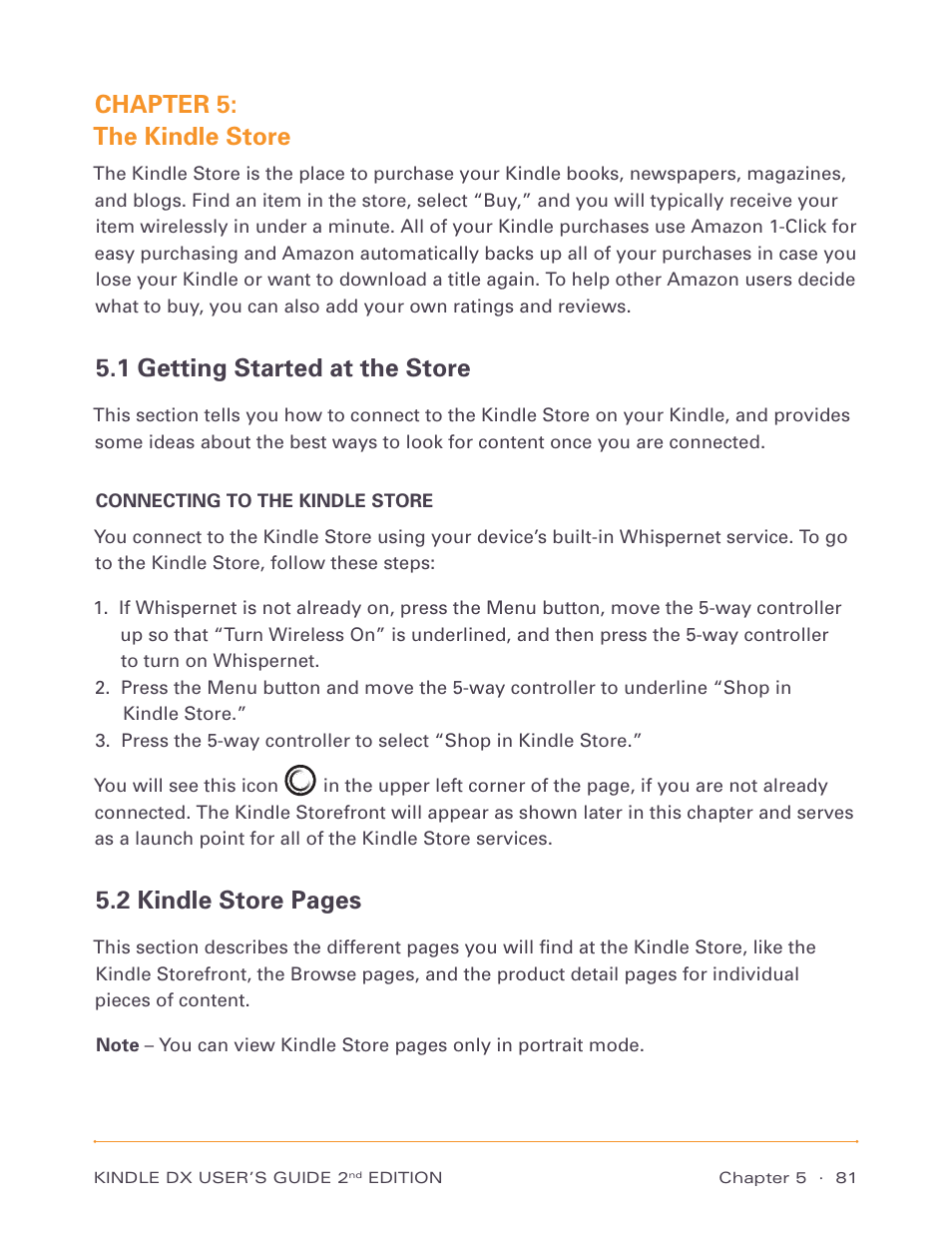 Chapter 5: the kindle store, 1 getting started at the store, 2 kindle store pages | Amazon Technologies Kindle DX D00611 User Manual | Page 81 / 147