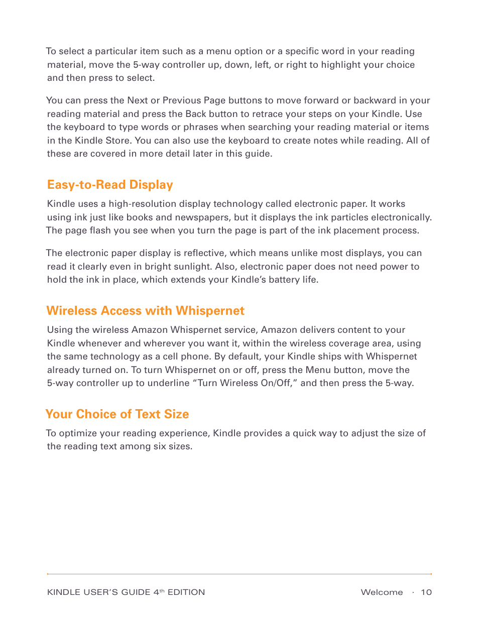 Easy-to-read display, Wireless access with whispernet, Your choice of text size | Amazon Technologies Kindle D00511 User Manual | Page 10 / 145