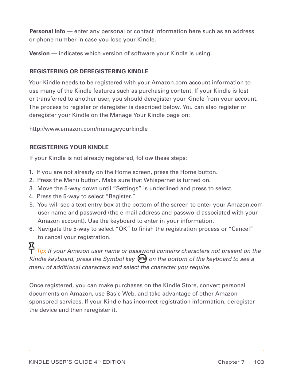 Registering or deregistering kindle | Amazon Technologies Kindle D00511 User Manual | Page 103 / 145