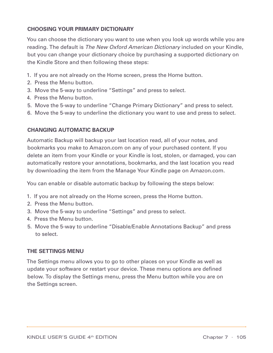 Choosing your primary dictionary, Changing automatic backup, The settings menu | Amazon Technologies Kindle D00511 User Manual | Page 105 / 145