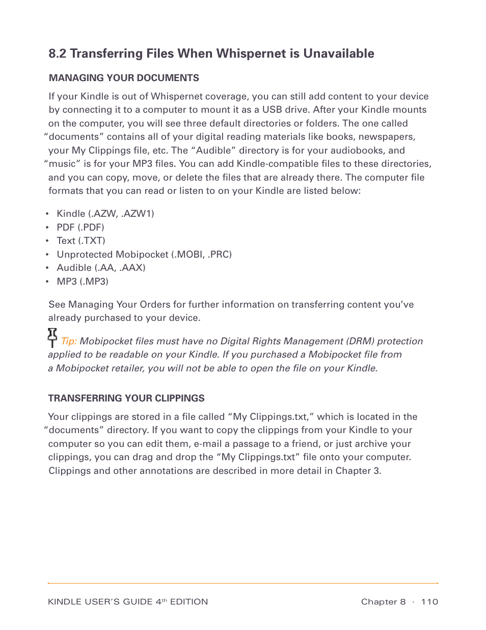 Managing your documents, Transferring your clippings | Amazon Technologies Kindle D00511 User Manual | Page 110 / 145