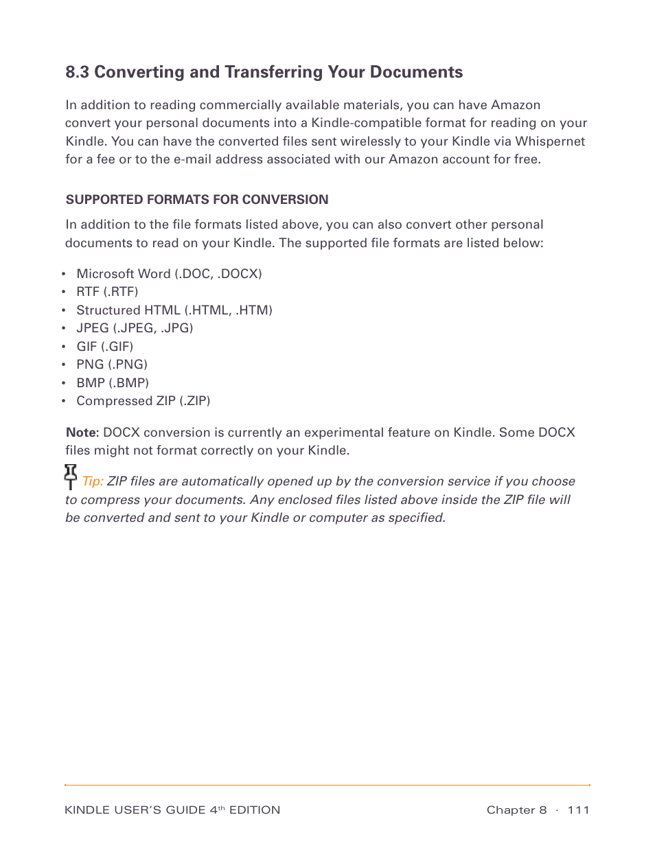 3 converting and transferring your documents, Supported formats for conversion | Amazon Technologies Kindle D00511 User Manual | Page 111 / 145
